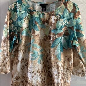 Alfred Dunner Women's Leaf Print Blouse - Teal and Brown